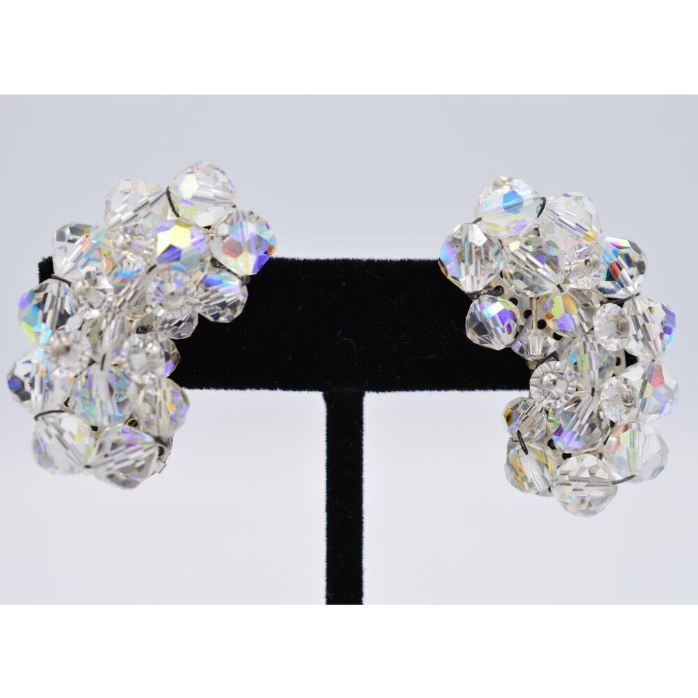 Vintage Crystal Clip On Earrings Aurora Borealis Cluster Climber AB 1980s BinAF